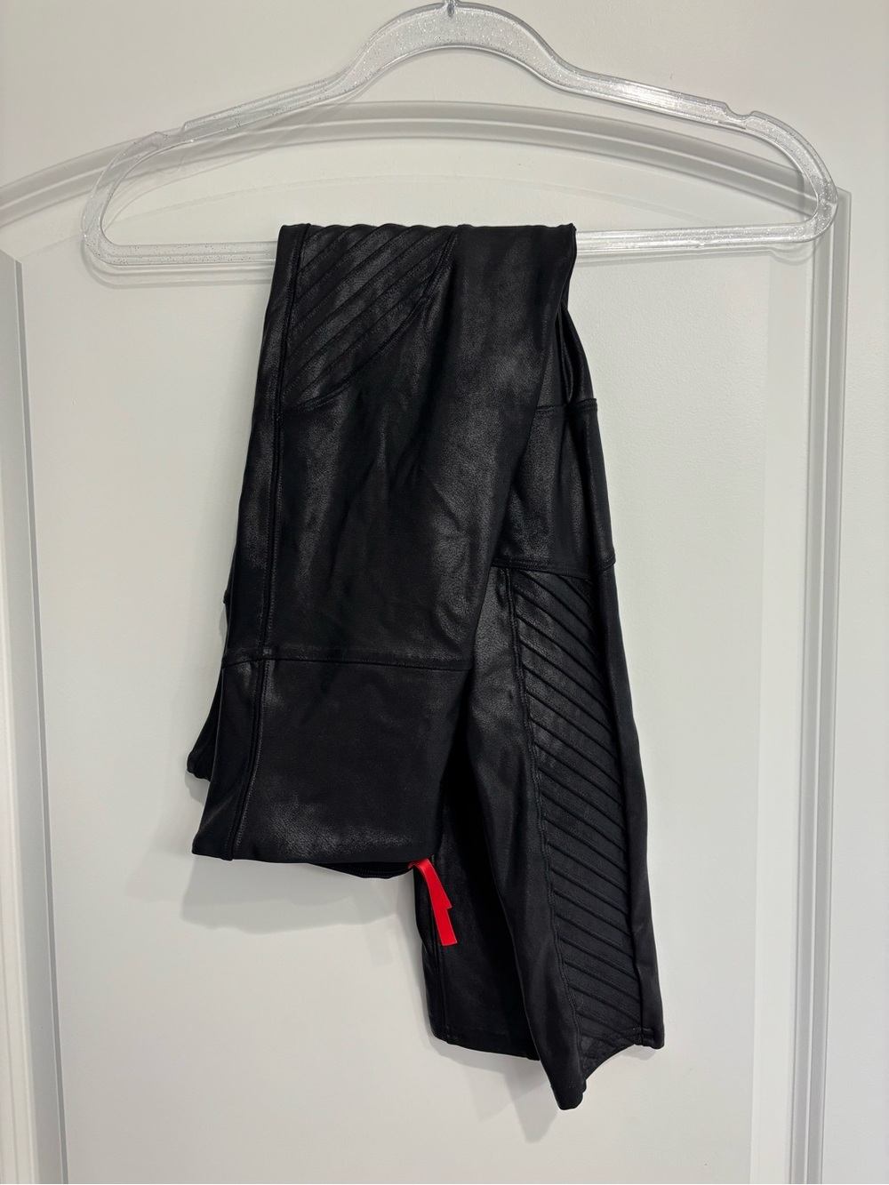 SPANX Black Faux Leather Moto Leggings with Quilted Panels